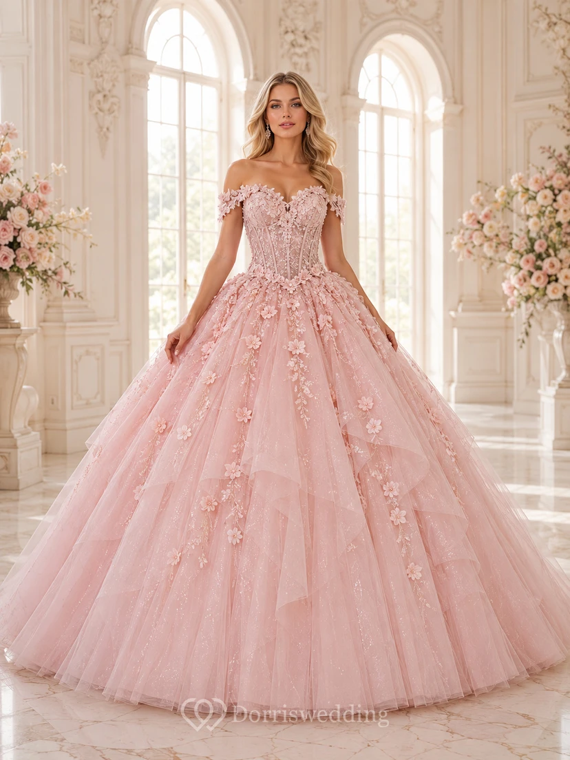 Vestido de fiesta largo hasta el suelo para quinceañera, modelo Rosette Pearl-Pink, con escote corazón, encaje floral y tul.
