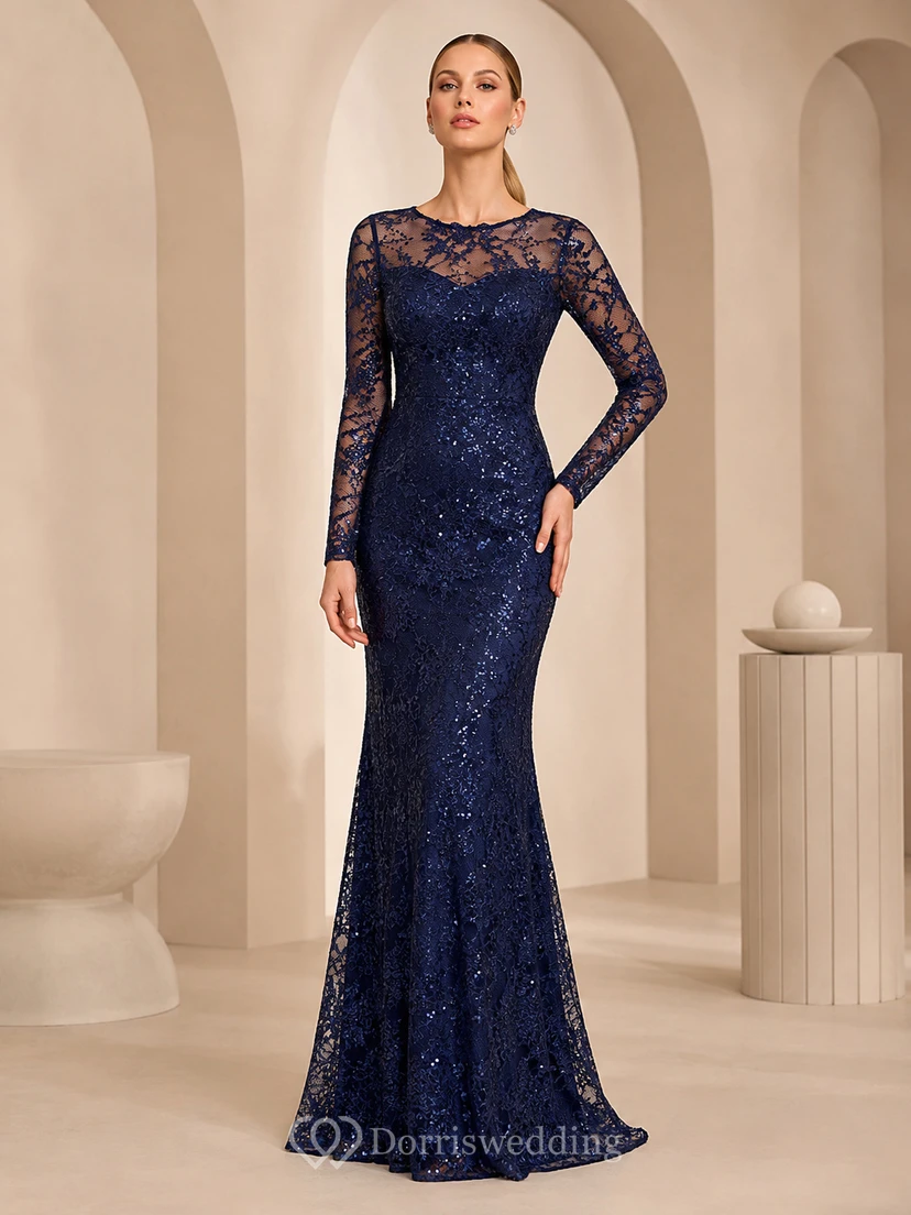 Dunkelblaues, bodenlanges Meerjungfrauen-Abendkleid mit filigranem Muster, langen Ärmeln und Spitzenbesatz