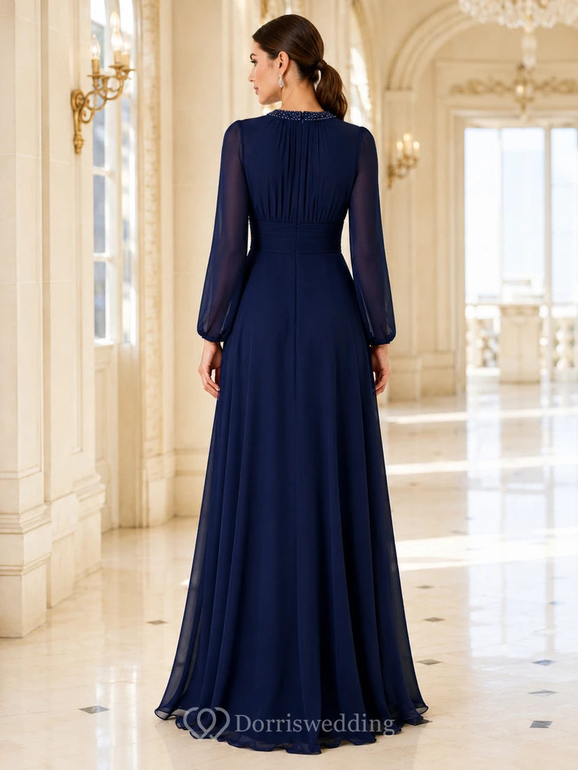 Navy High Neck Long Sleeve Pleated Chiffon Evening Dress view 2