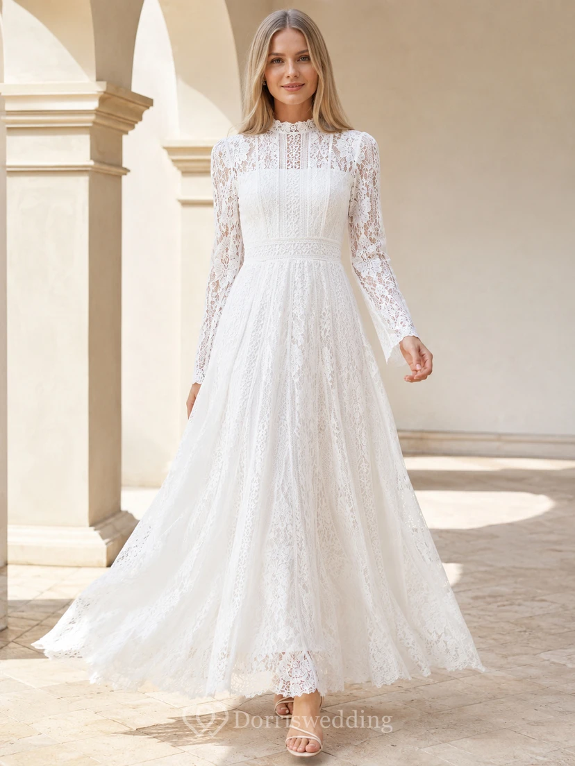 Robe de mariée longue à manches longues et col montant en dentelle, fermeture éclair illusion