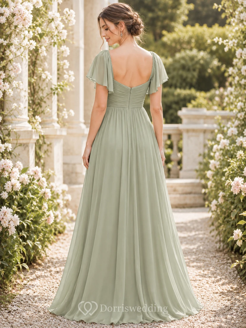 Sage cowl neck flutter sleeve chiffon floor length bridesmaid dress view 2