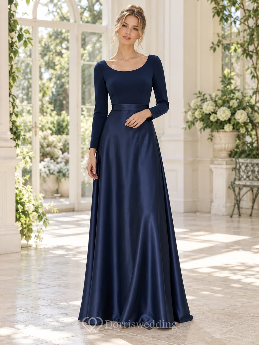 Mitternachtsblaues, formelles, bodenlanges Abendkleid aus Satin mit Rundhalsausschnitt, langen Ärmeln, Wasserfallausschnitt am Rücken und A-Linien-Schnitt