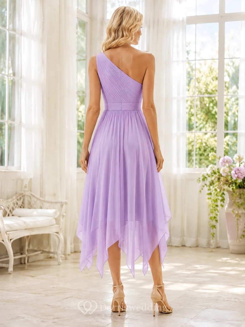 Einseitig schulterfreies, lavendelfarbenes Chiffon-Cocktailkleid mit asymmetrischem Saum view 2