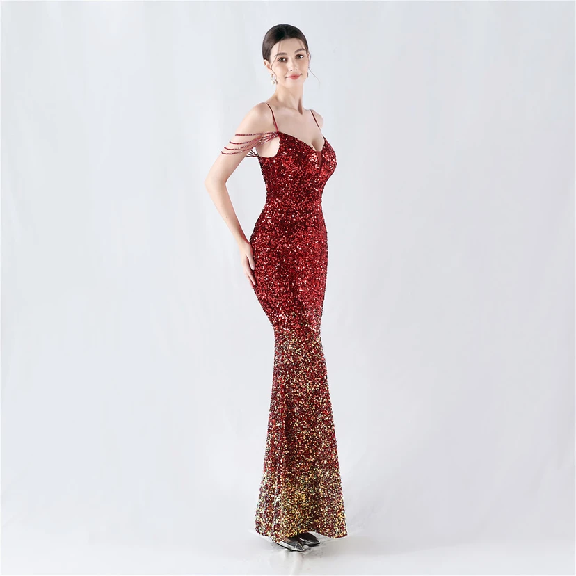 Velvet-Bottom Gradient Sequined Sexy Beaded Suspender Evening Dress view 23
