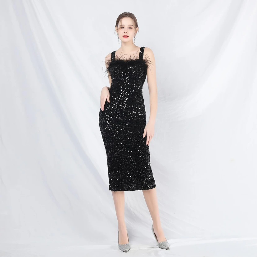 Craft Ostrich Feather Velvet Sequined Evening Dress view 38