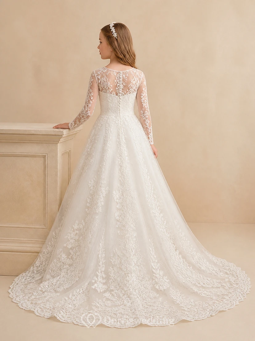 Modest Junior Bridesmaid Floor-length A-Line Scoop Long Sleeve Chapel Train Dress view 2