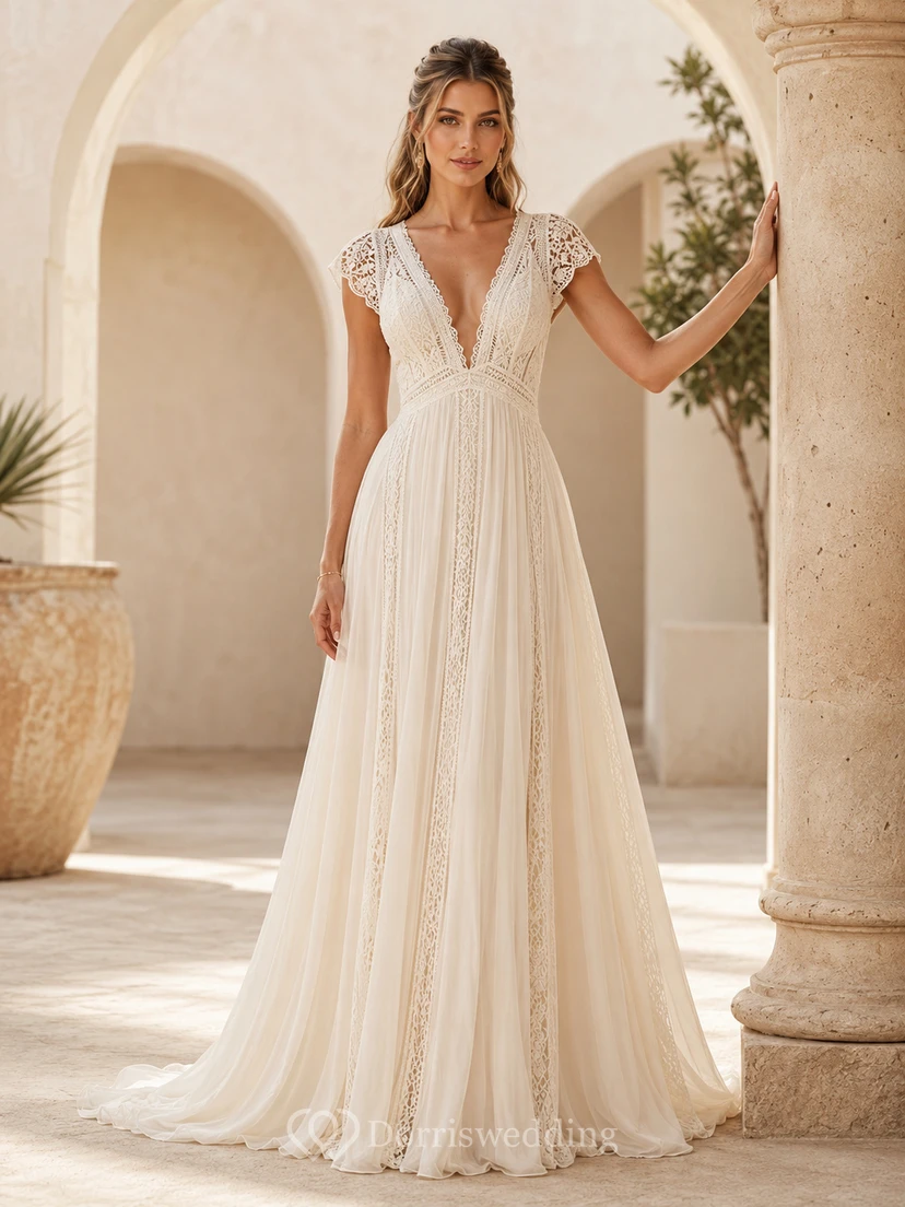 Boho Deep V-Neck Lace Cap Sleeve Chiffon A-Line Wedding Dress