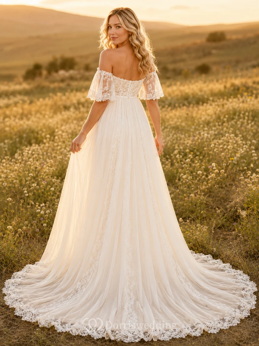 Maternity Wedding Dress Off Shoulder Flutter Sleeve Lace Tulle Country Gown with Train view 2