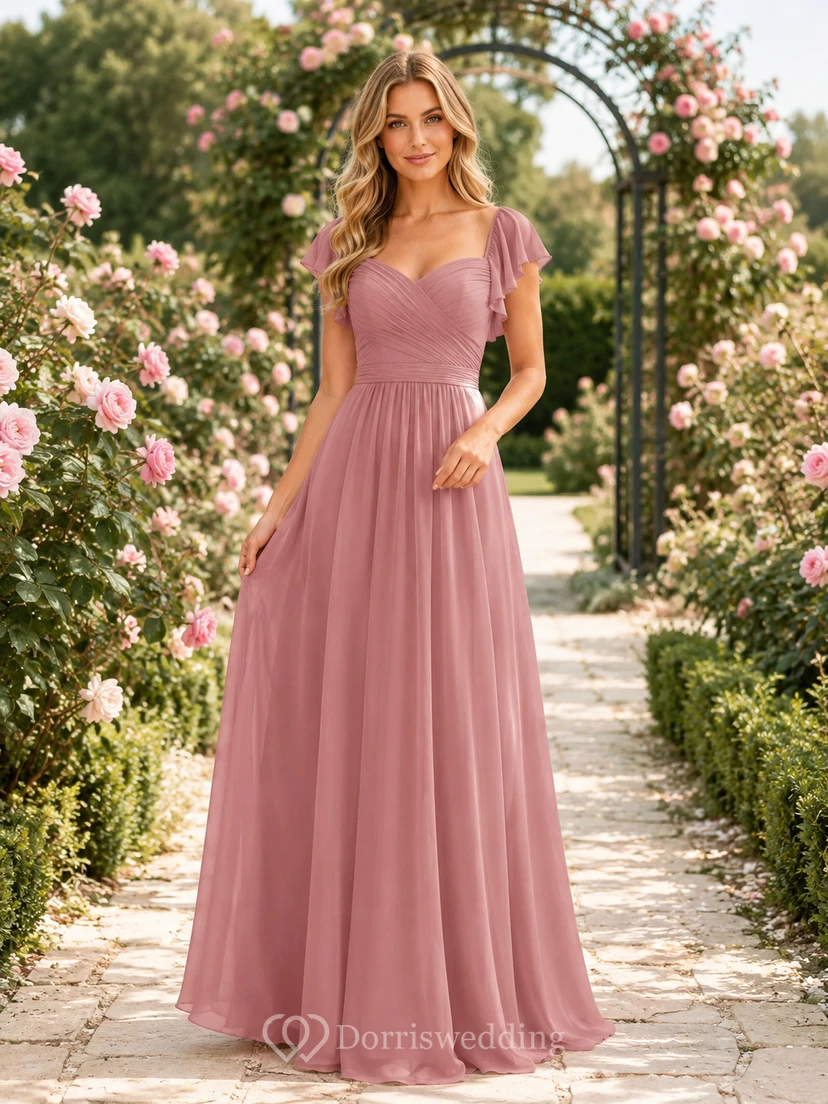 Dusty Rose Rose Garden A-Line Chiffon Bridesmaid Dress with V-Neck Flutter Sleeve Bodice, Pleated Floor-Length Skirt and Low V Back