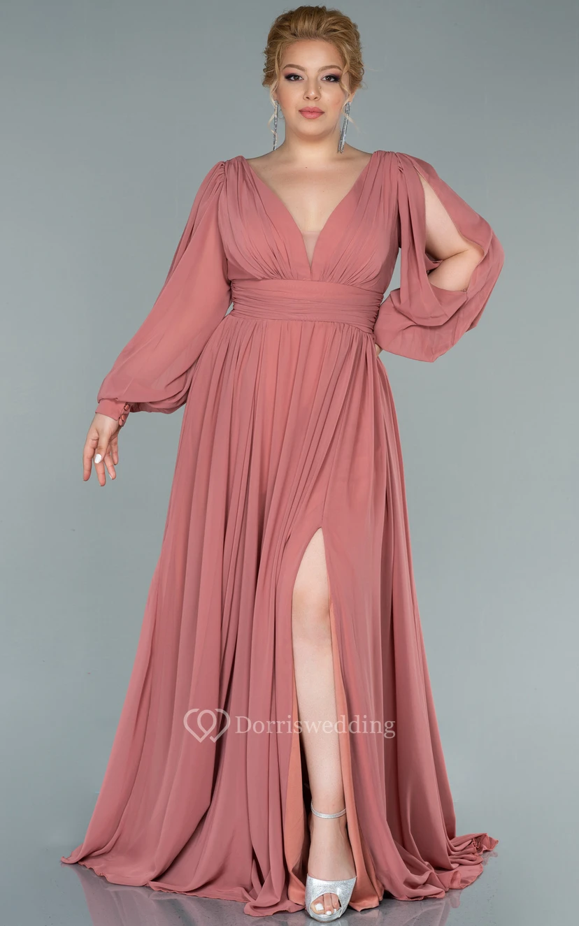 Vestido de noche de gasa con escote en V, manga larga, abertura frontal y pliegues, talla grande view 13