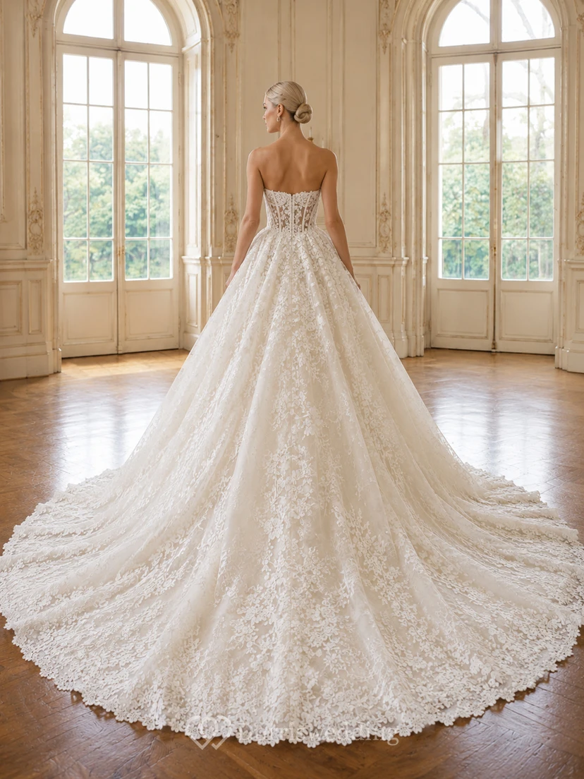 Trägerloses, herzförmiges Ballkleid mit Muschelsaum und Kathedralenschleppe view 2
