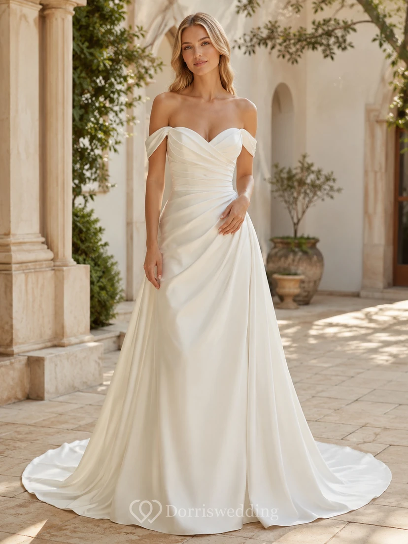 Vestido de novia minimalista de satén, corte en A, hombros descubiertos, cola larga.
