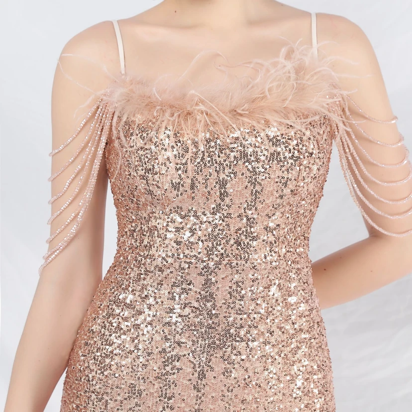 Craft Beaded Ostrich Feather Fantasy Sequined Long Evening Dress view 35