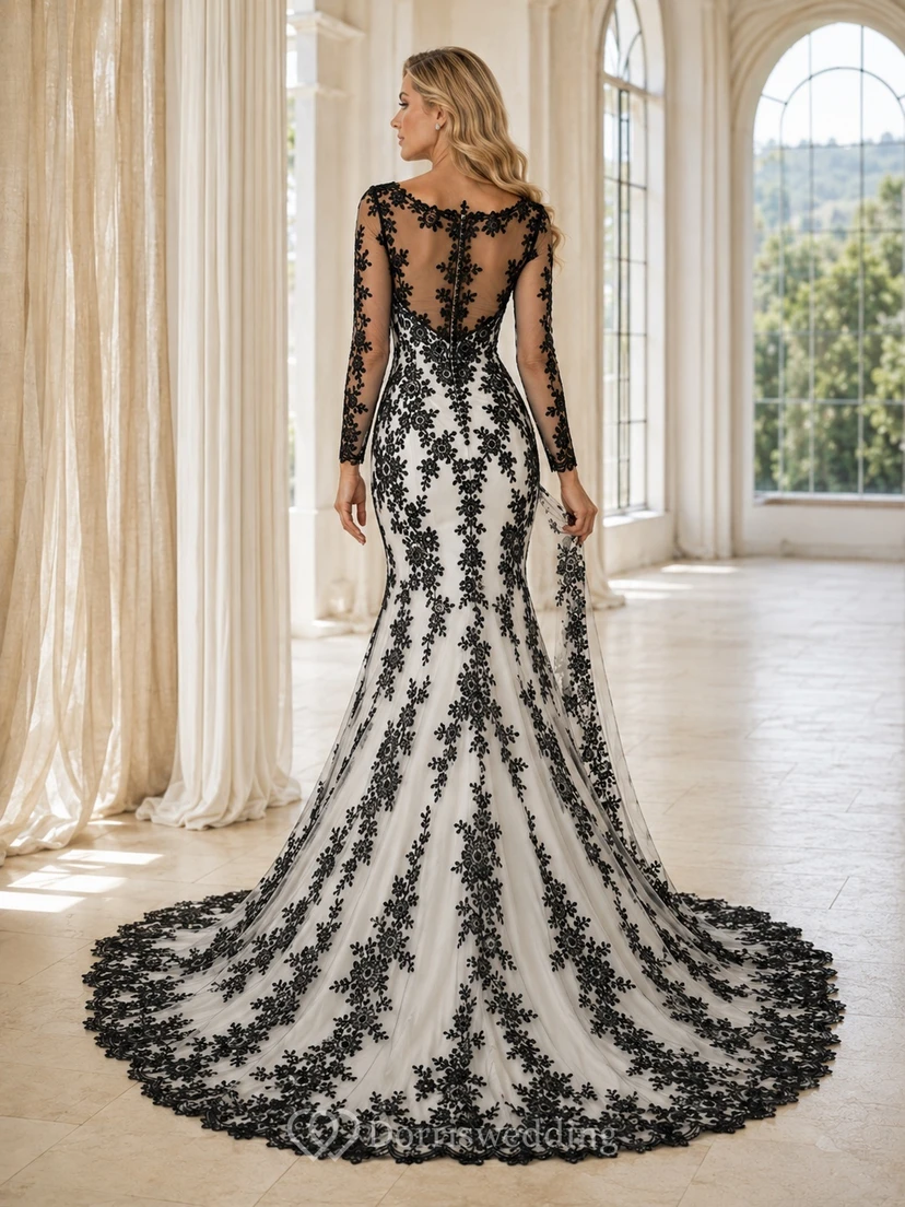 Black Floral Lace Illusion Long Sleeve V-neck Mermaid Sweep Train Bridal Gown view 2