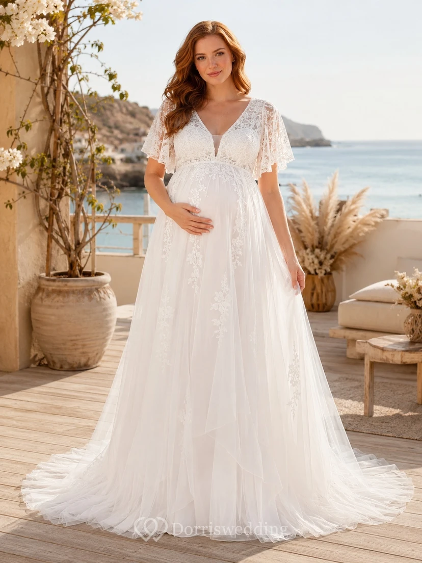 Maternity V-Neck Cap Sleeve Floral Lace Empire A-Line Chapel Train Beach Wedding Dress