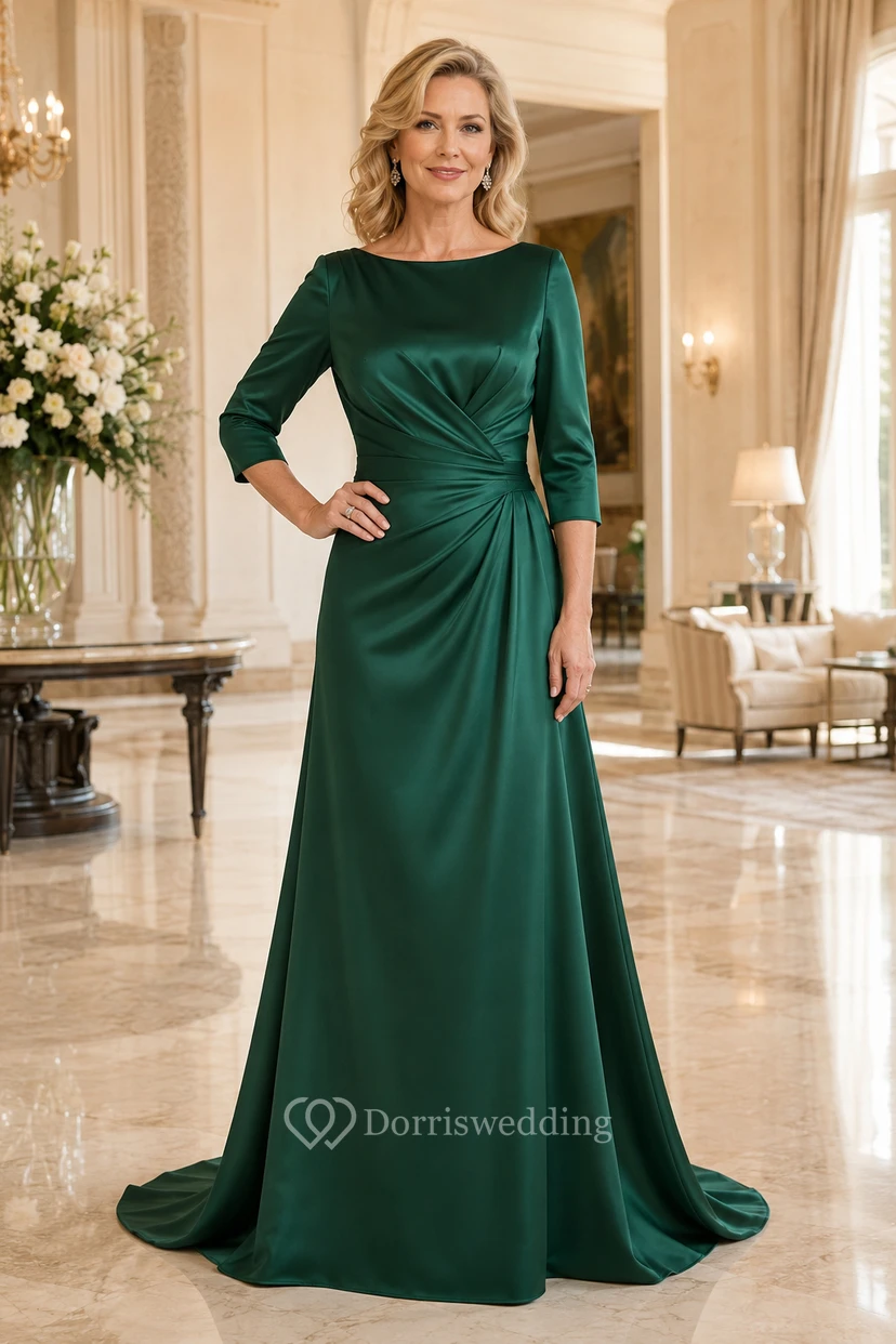 Dunkelgrünes, schulterfreies A-Linien-Kleid aus Satin mit Dreiviertelärmeln
