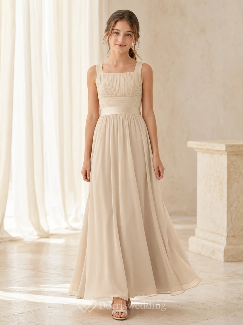 Junior-Brautjungfernkleid A-Linie, eckig, ärmellos, gerafft, schlicht und elegant