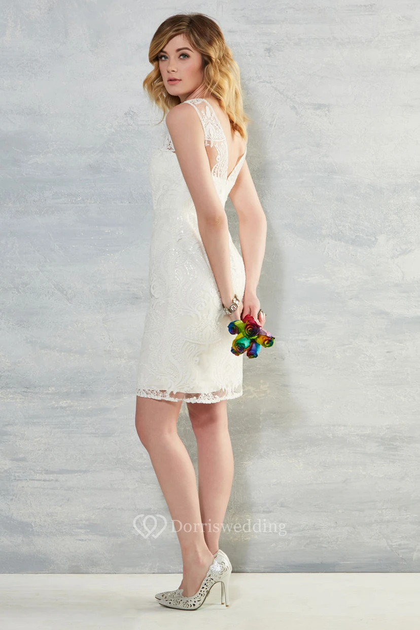 Short Scoop Lace Tea Length Wedding Dress With V Back view 3