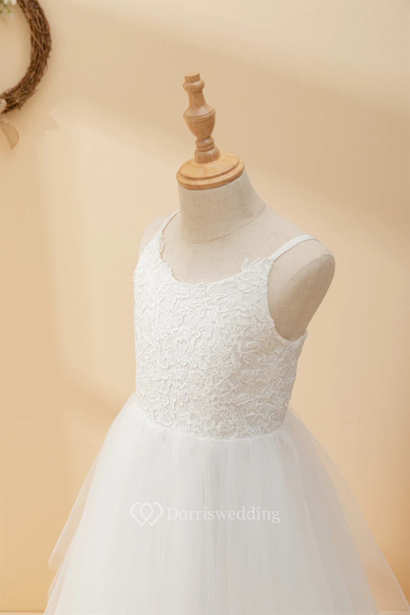 Casual Spaghetti Lace Top A-line Flowergirl Dress with Tulle Skirt view 5