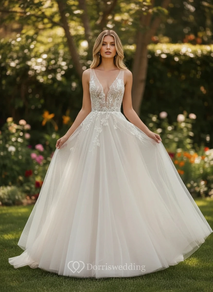Ethereal Tulle V-Neck Floral Embroidery A-Line Wedding Dress