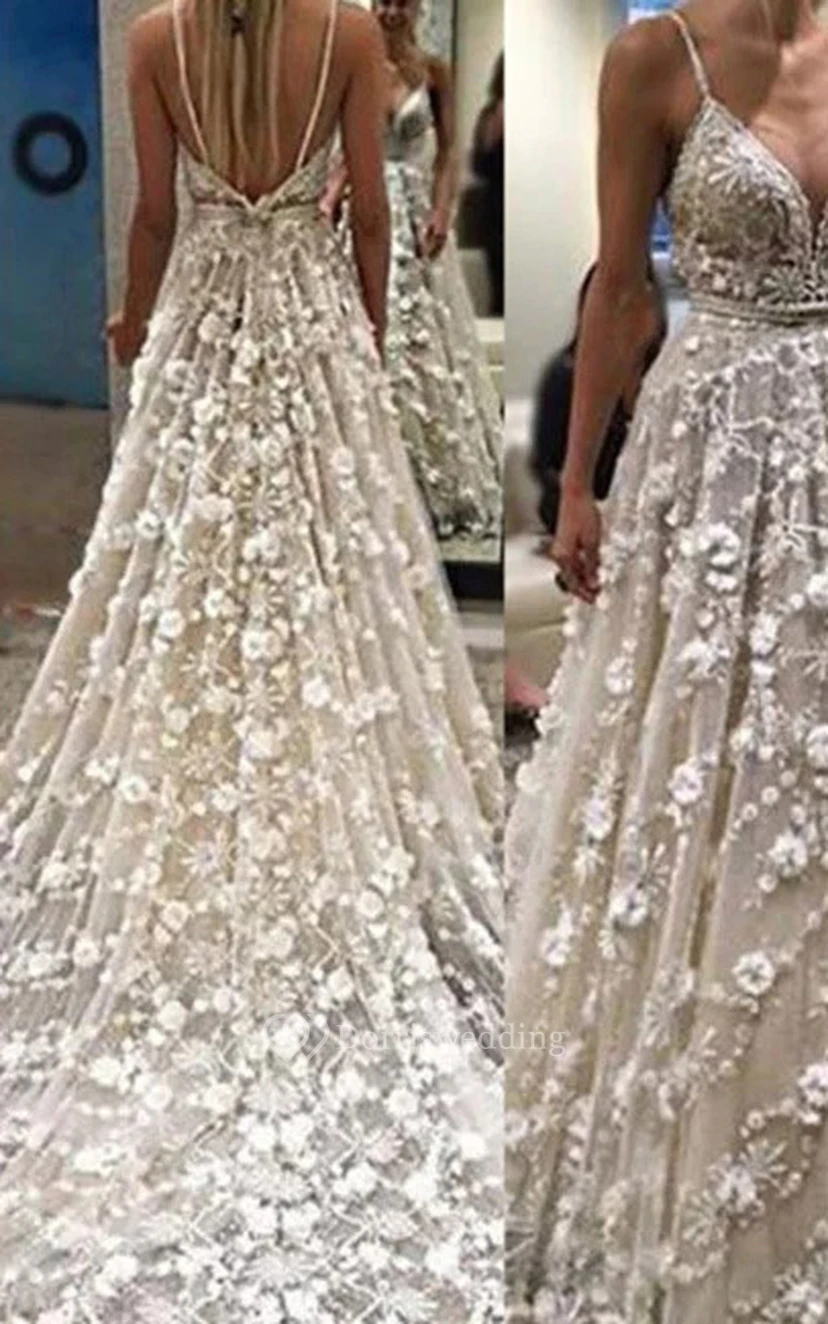 Exquisite Spaghetti Ball Gown Beaded A-line Lace Floral Beach Wedding Dress view 2