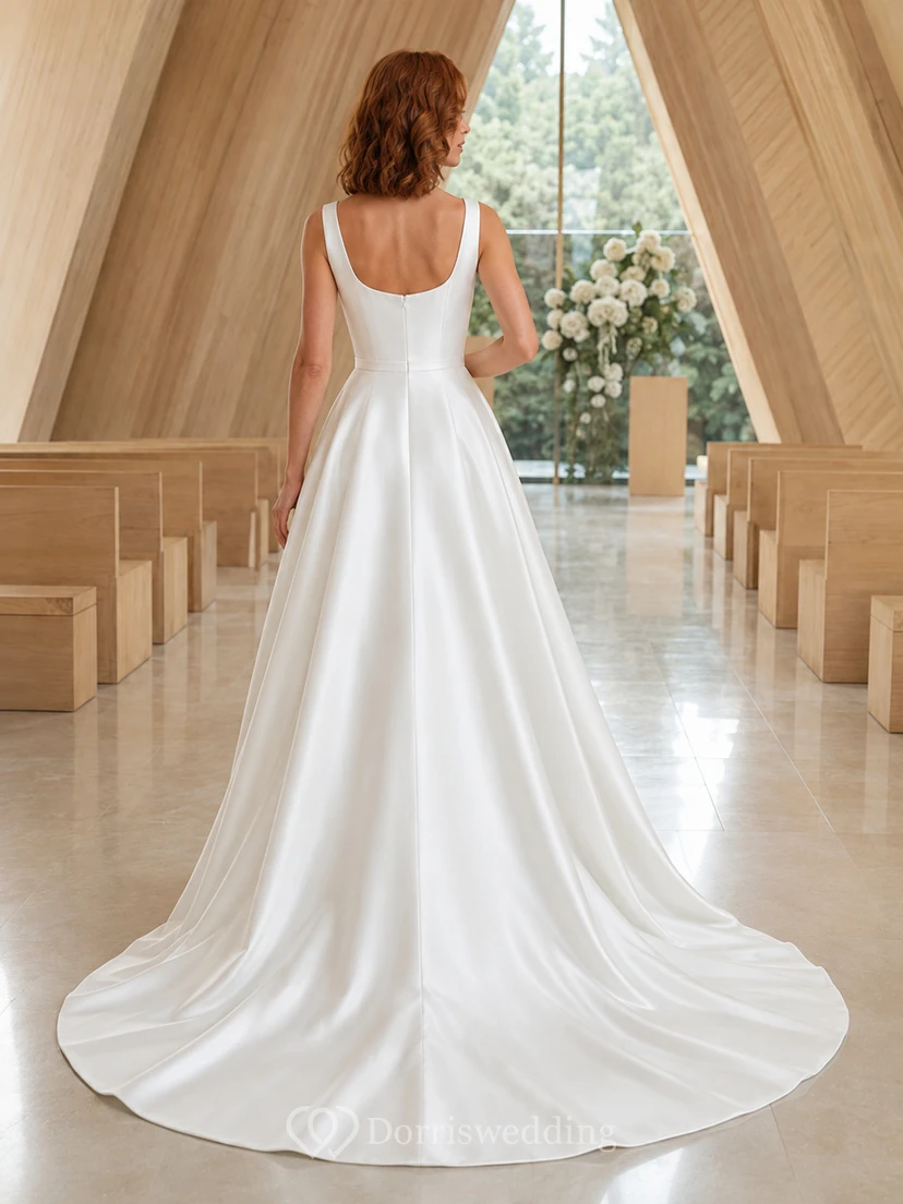 Square Neck Satin Chapel Gown With Long Train view 2