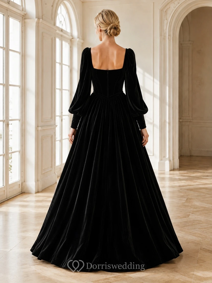 Black Square Neck Long Poet Sleeve Velvet Ball Gown Floor-Length Vintage Dress view 2