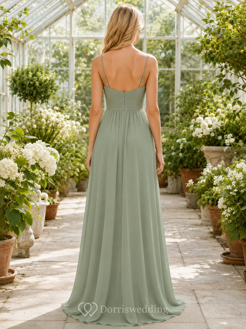 Sage Greenhouse A-Line Chiffon Bridesmaid Dress with Sleeveless Spaghetti Strap Sweetheart Bodice, Pleated Floor-Length Skirt and Low V Strappy Back view 2