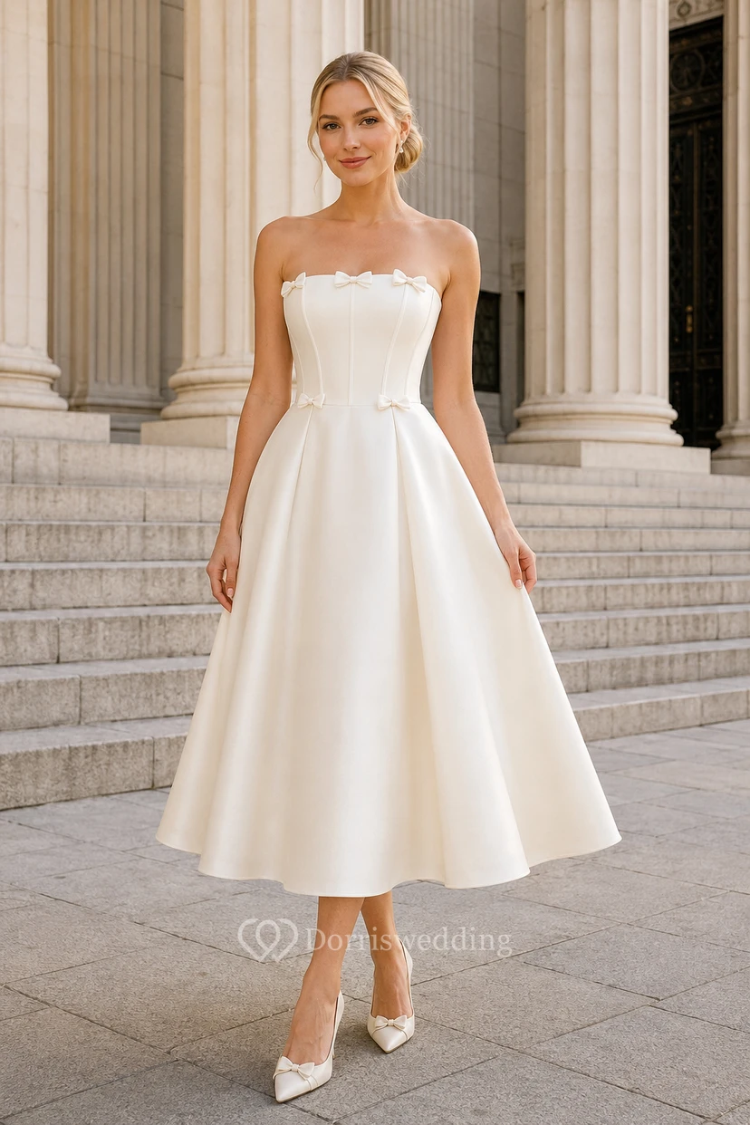 Ivory Strapless Satin Tea-Length A-Line Dress