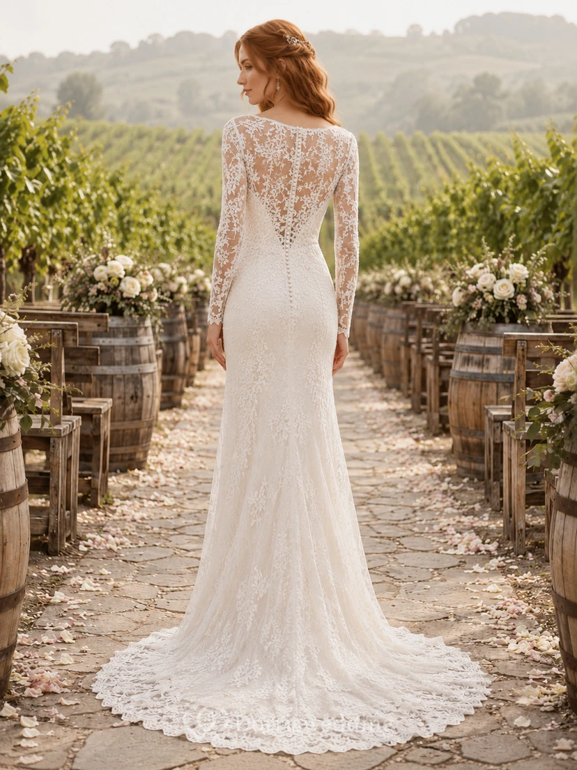 Vestido de novia de corte recto con encaje ilusión y mangas largas, estilo viñedo view 2