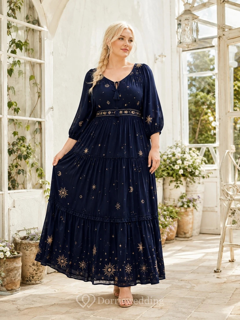 Dark Navy V-Neck Long-Sleeve Lace-Chiffon Tiered A-Line Floor-Length Boho Dress
