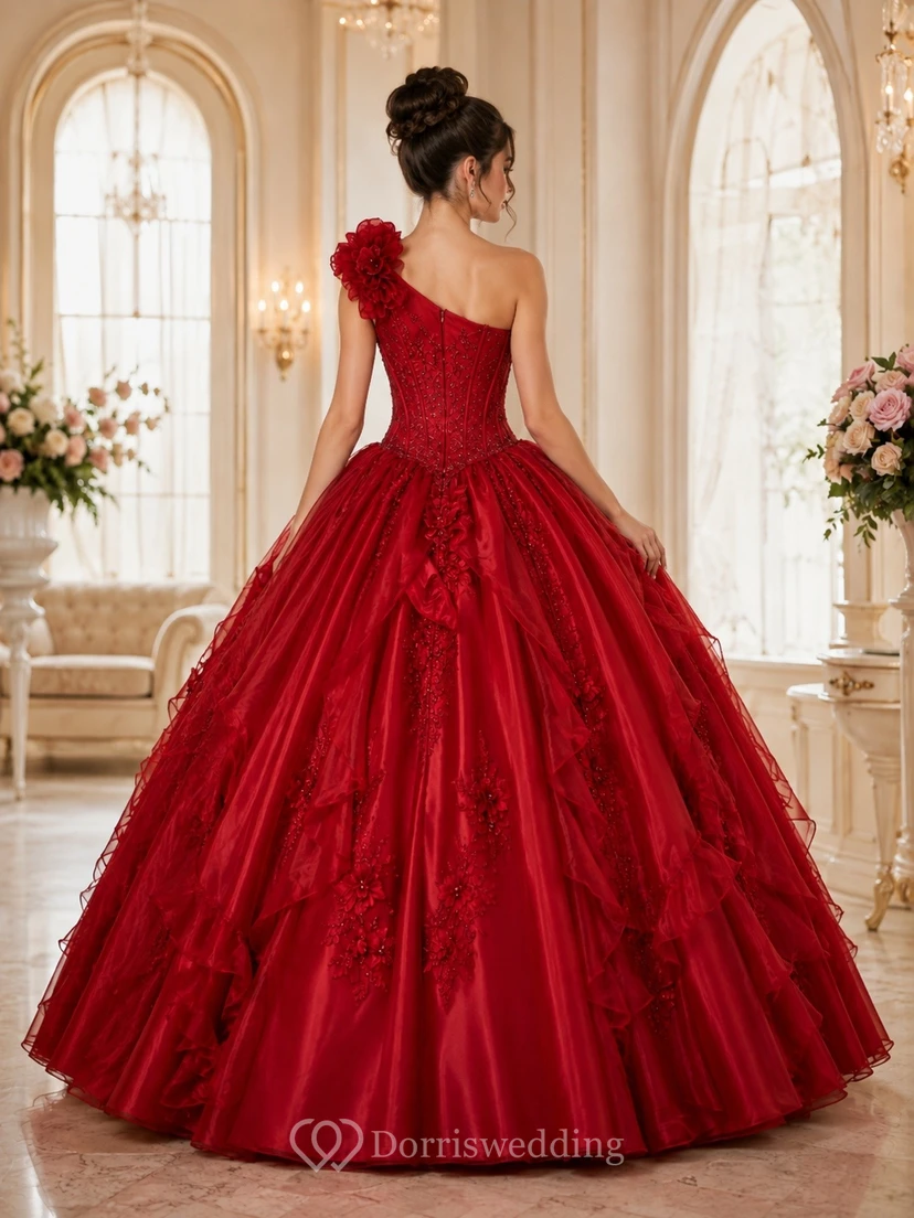 Rotes, schulterfreies Ballkleid mit floralen Applikationen für Quinceañeras view 2