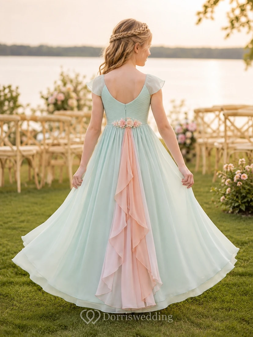 Mintgrünes Brautjungfernkleid für junge Damen, A-Linie, V-Ausschnitt, kurze Blütenblattärmel, Tüllblumen-Stufen view 2