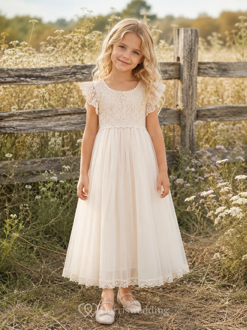 Vestido de tul rústico con mangas de volantes y encaje para niña, largo hasta la rodilla, estilo pradera.