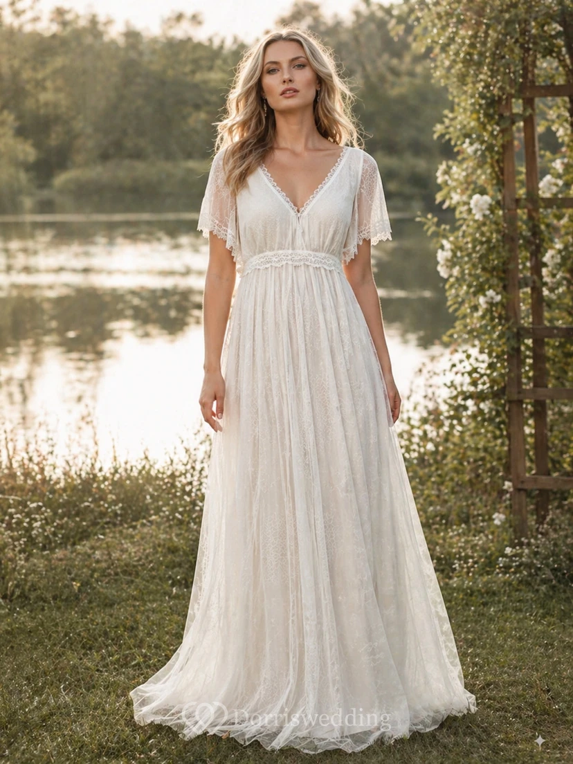 Vestido de novia plisado de gasa con escote imperio y mangas cortas, estilo bohemio campestre