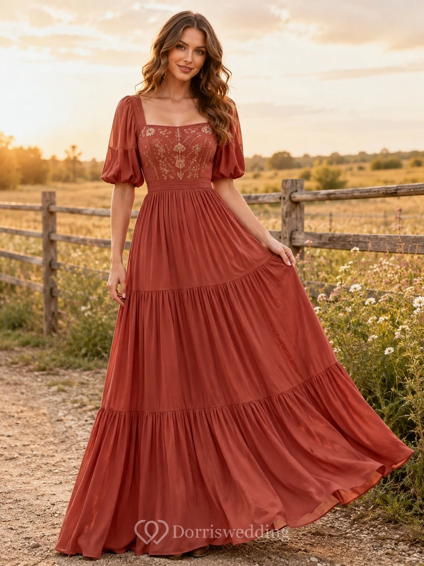 Rust Western Square-Neck Puff-Sleeve Chiffon A-Line Floor-Length Country Dress