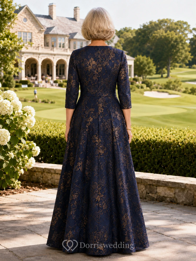 Marineblaues, goldfarbenes, florales Jacquard-Kleid in A-Linie, bodenlang view 2