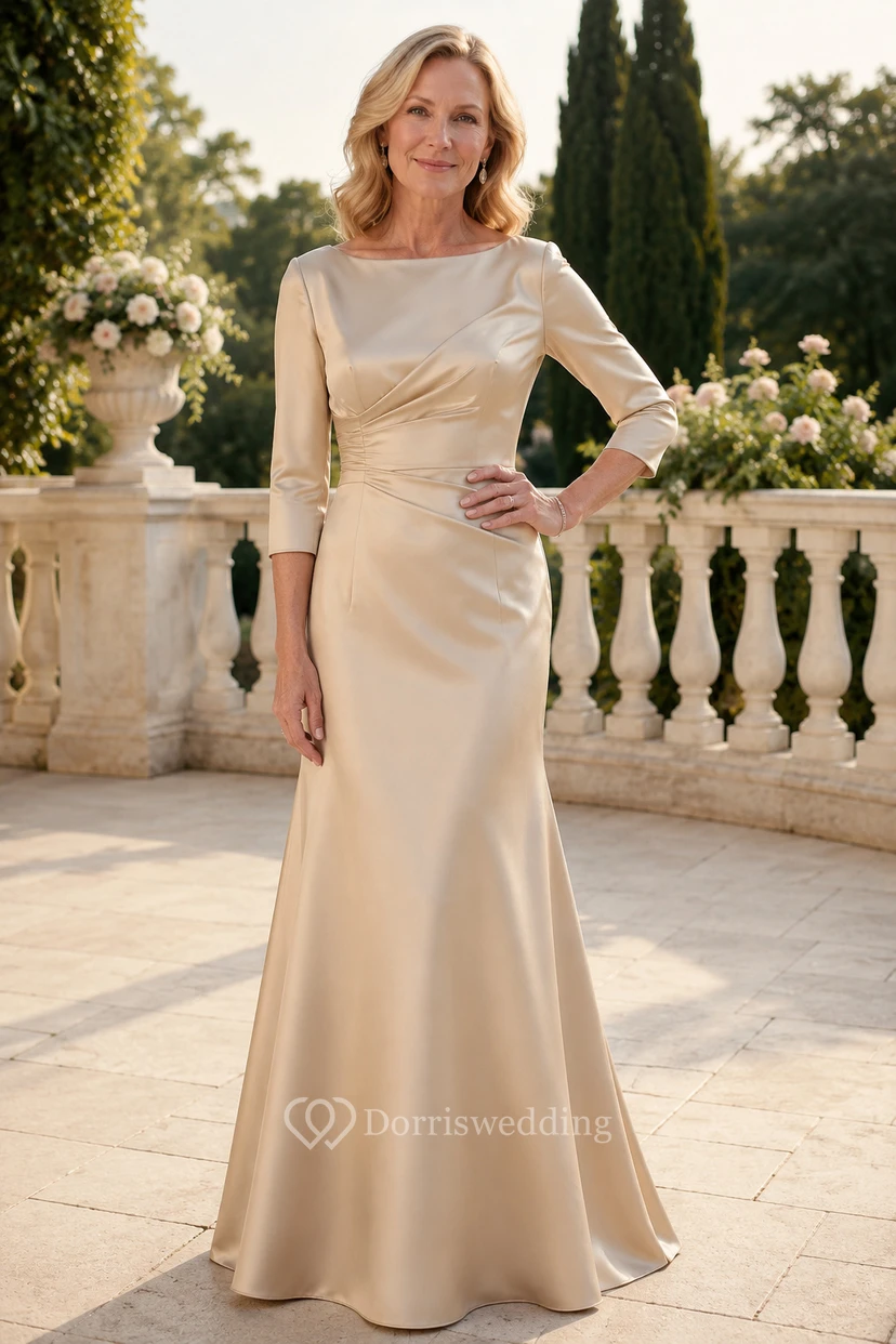 Champagne Long Sleeve Satin Sheath Mother Dress