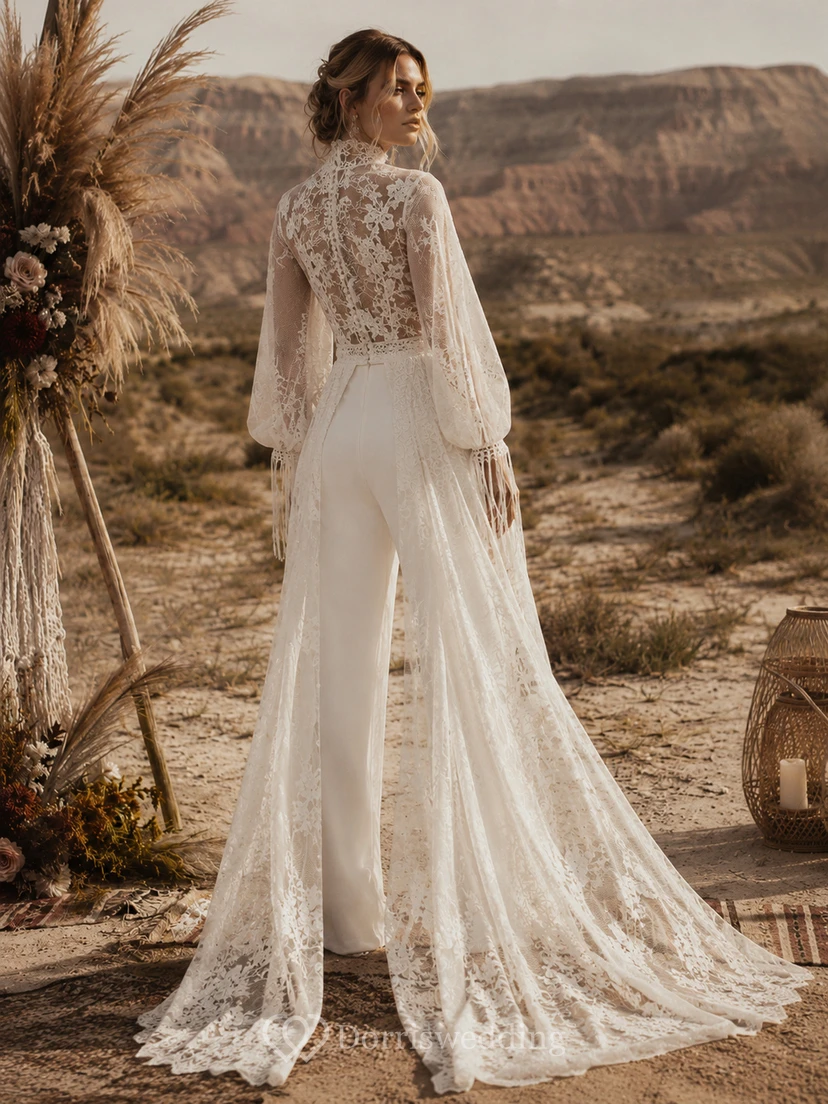 Boho High Neck Lace Bridal Jumpsuit with Fringe Sleeves, Wide-Leg Pants & Dramatic Sheer Overskirt view 2