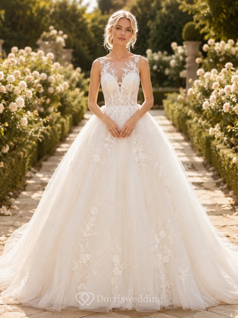 Vestido de novia de corte A con cola catedral y apliques de encaje de manga larga