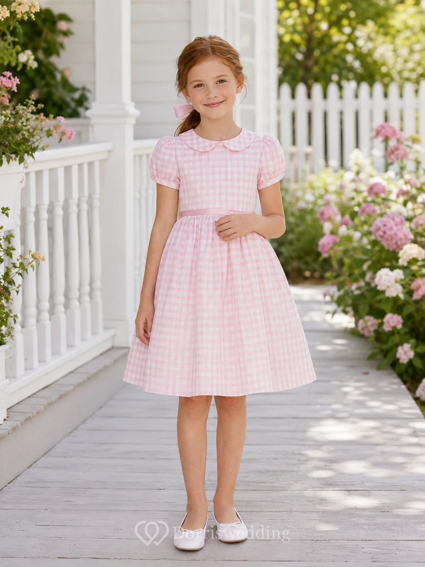 Blushing Pink Gingham A-Line Taffeta Flower Girl Dress, Short Sleeve T-shirt, Jewel Neck, Knee-Length Garden