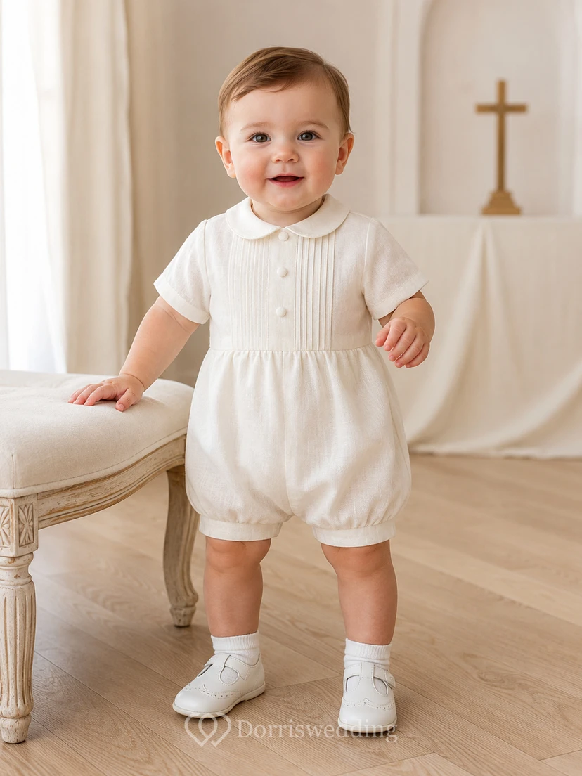 Ivory Narrow Pintuck Peter Collar Short Sleeve Baptism Bubble Romper for Baby Boy