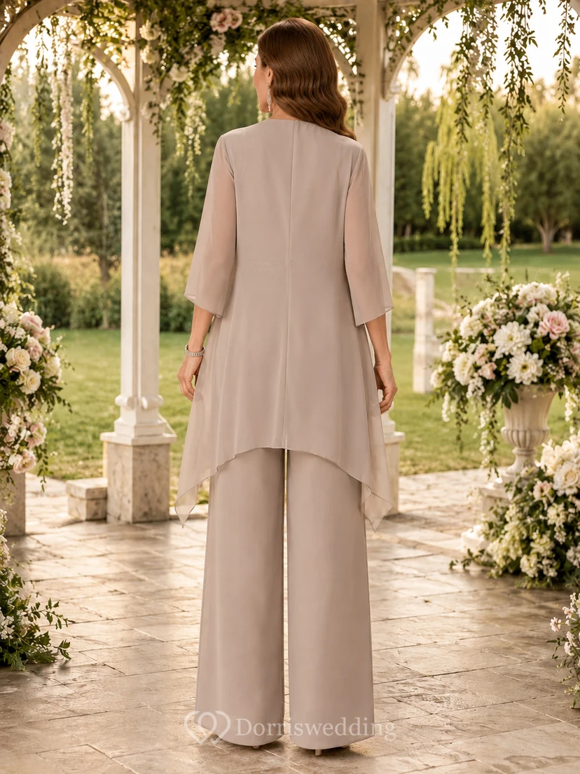Taupe Mother Pantsuit with Wrap V Neck Top, Draped Chiffon Jacket and Wide Leg Pants view 2