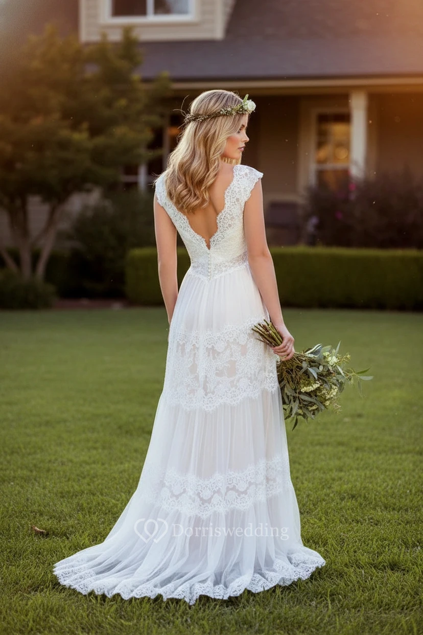 Vestido romántico con mangas cortas y apliques de encaje view 2