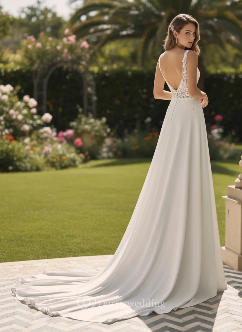 Ärmelloses A-Linien-Hochzeitskleid aus Satin mit V-Ausschnitt view 2