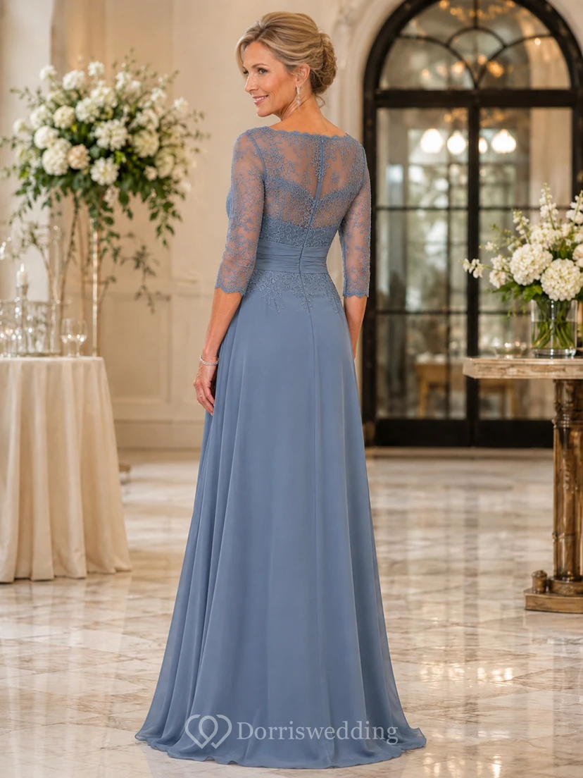 A-Line Bateau 3/4 Length Sleeve Chiffon Mother Dress with Lace view 2