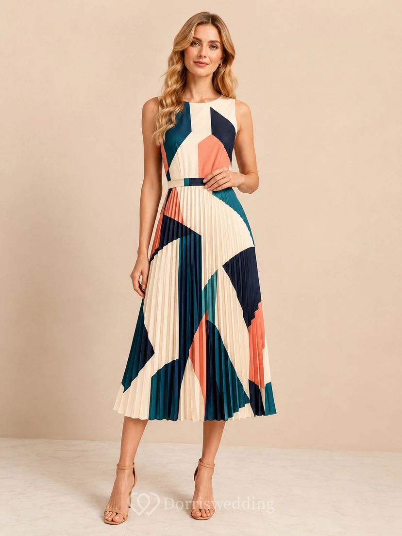Vestido midi plisado de corte A con escote halter geométrico en azul marino y coral