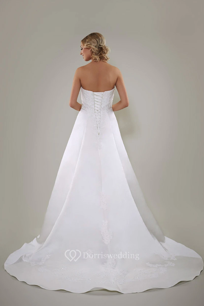 A-Line Sleeveless Strapless Floor-Length Appliqued Satin Wedding Dress With Lace-Up Back And Side Draping view 2