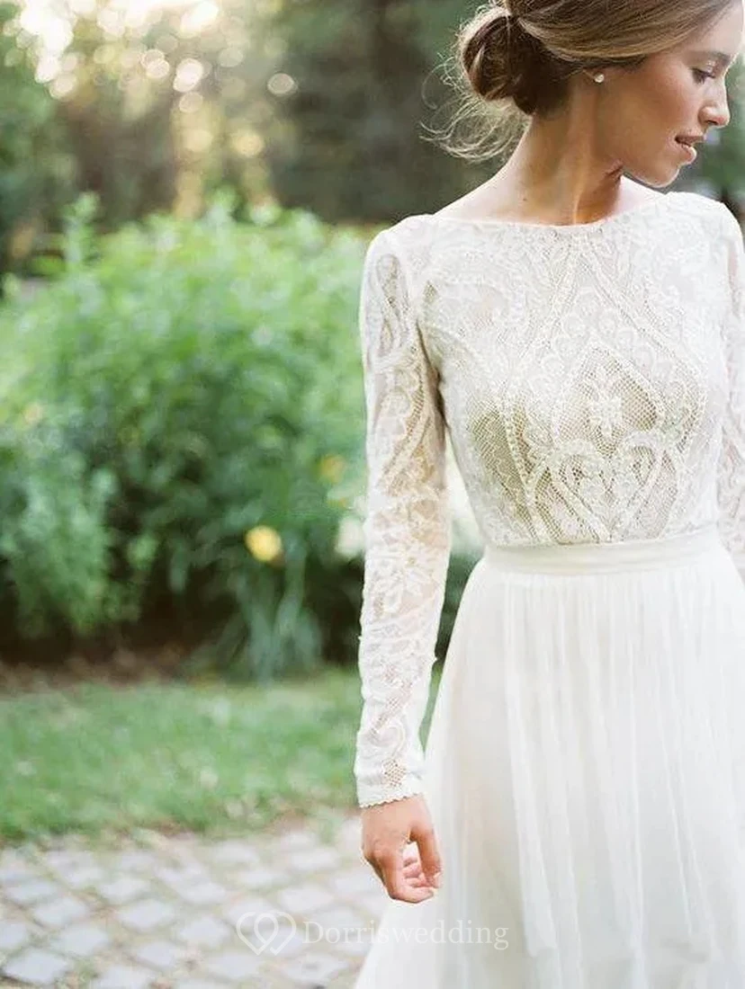 Vestido de novia bohemio de encaje con mangas largas | Vestido de novia blanco vaporoso con mangas view 7