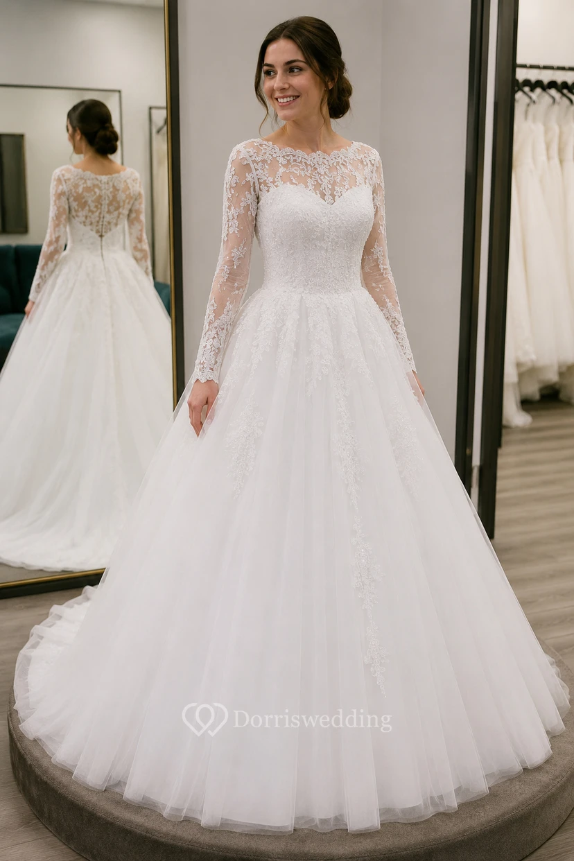A-Linien-Kleid mit langen Ärmeln, Applikationen, Kapellenschleppe, Reißverschluss und Schnürung am Rücken, Tüllspitze und Pailletten view 6